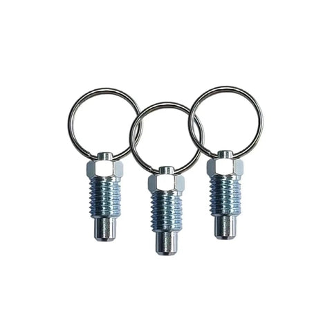 Rock Solid Two Pack Retractable Align Pins With Hassle Free Pull Tab Lock Design Made From Heavy Duty Carbon Steel And Rust Resistant Zinc Plating For Stress Free Machine Shop Setup M8 Short Spec, showing three pins with loops.