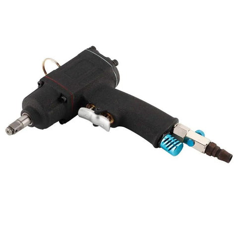 Heavy Duty 3/8 Inch Pneumatic Impact Wrench With Forward Reverse Toggle Slick Compact Build For Tight Squeeze Auto Work And High Torque No Sweat Mechanic Upgrade, side view showing handle and nozzle.