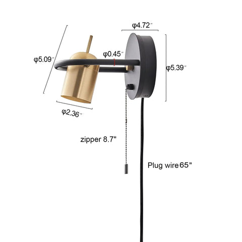 Plug In Wall Sconce Set With Chain Switch Adjustable Angle Gold Wall Lamps For Reading Bedroom Living Room Lit Modern Industrial Aluminum Fixtures Two Pack With Two LED Bulbs shown with dimensions