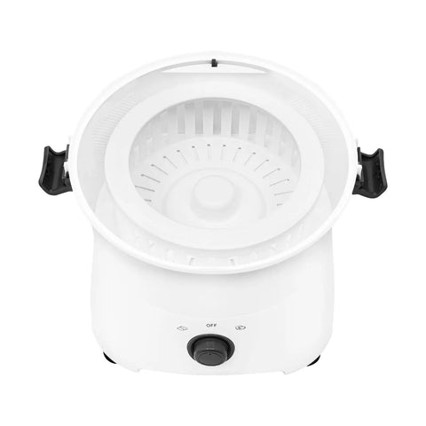 Top view of Professional Electric Potato Peeler And Auto Vegetable Spinner, white ABS frame, designed for fast meal prep.