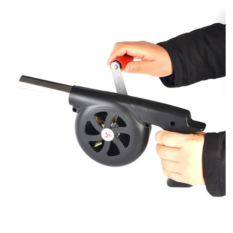 Portable Manual Hand Crank Air Blower Fire Up Campfires Fast Heavy Duty Metal Stoker Bellows Pump with easy grip handle.