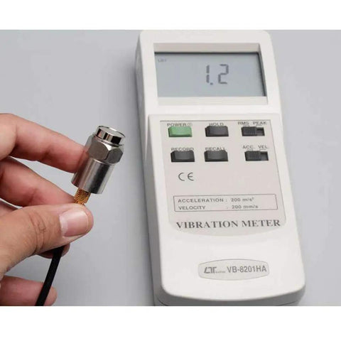 Handheld Vibration Meter And Analyzer For HVAC Systems Automotive And Industrial Use Wind Turbines Pro Grade With Data Hold LCD Display Model VB 8201HA Delivers 200 Millimeters Per Second Velocity Range And 200 Meters Per Second Squared Acceleration Range handheld vibration meter with probe and LCD display