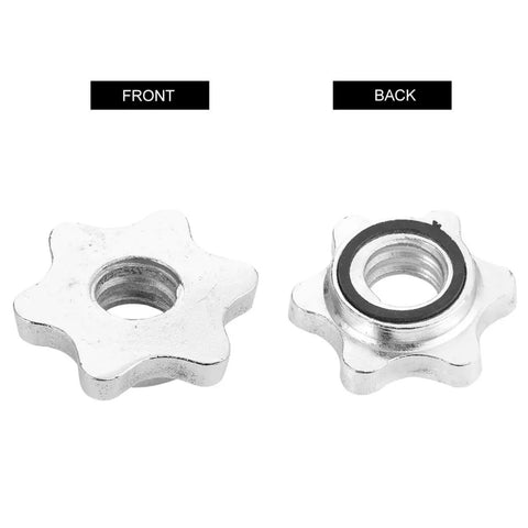 Front and back view of 6 Pack Spinlock Dumbbell Collars For 1 Inch Bars, Heavy Duty Steel And PVC Construction, Quick Clamp Lock In Plates