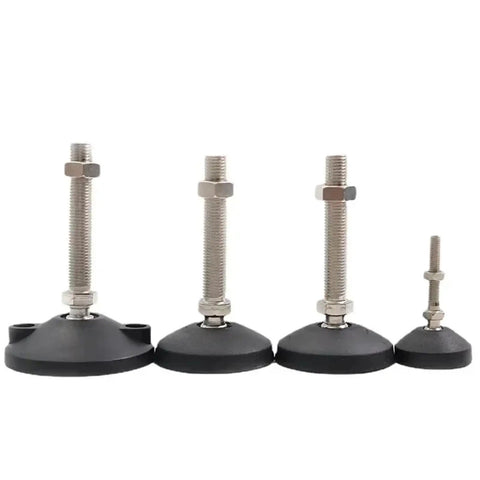 Heavy Duty Adjustable Leveling Feet Four Pack With Swivel Base For Furniture Machinery Workbenches Knock Out Wobbles Fast Rock Solid Floor Stabilizers D40M8X50 displayed in four sizes with threaded rods and rubber pads.