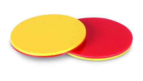 Close-up of Straight Up Double Sided Counting Tiles For Kids, Red And Yellow Math Manipulatives, 1 inch plastic counters.