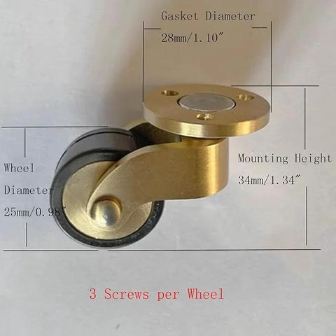 Set Of Four 25 Mm Solid Brass Casters With 1 Inch Rubber Wheels, 360 Degree Swivel, Round Cup Style, Load Capacity 150 Kg
