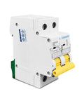 No Nonsense Heavy Duty Dual Pole Dc Circuit Breaker Rated At 600 Volts with yellow toggle handle and terminals.