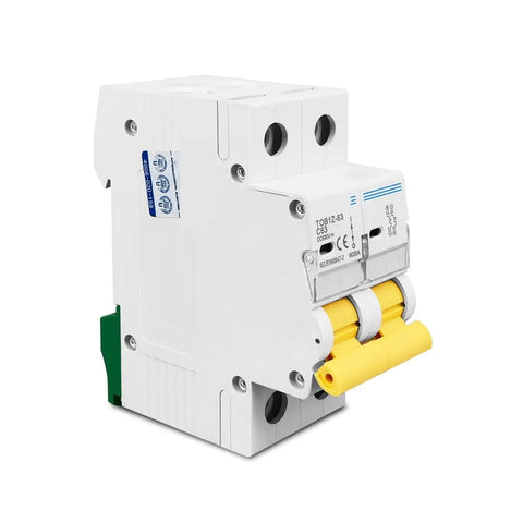 No Nonsense Heavy Duty Dual Pole Dc Circuit Breaker Rated At 600 Volts with yellow toggle handle and terminals.