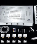 Top Notch LED Ceiling Shower Panel With Built In Bluetooth Speaker And Six Spray Functions Including Rainfall Waterfall And Body Mist For A Chill Spa Upgrade In Antique Brass, showing panel and component parts.