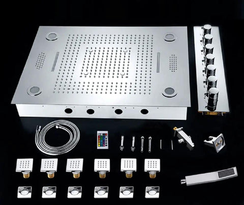 Top Notch LED Ceiling Shower Panel With Built In Bluetooth Speaker And Six Spray Functions Including Rainfall Waterfall And Body Mist For A Chill Spa Upgrade In Antique Brass, showing panel and component parts.