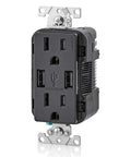 Type A USB In Wall Charger With 15A Tamper Resistant Outlet, dual USB ports deliver 3.6A smart charging, black finish