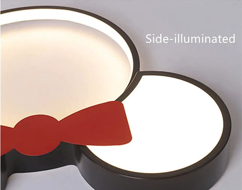 Cartoon Mouse Head Acrylic Dimmable LED Ceiling Light side view with red bow accent for kids rooms