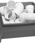 Heavy Duty Stackable Storage Bins For Garage And Closet Organization Open Front Plastic Organizer For Tools And Shelves 15 By 20 By 12 And A Half Inches Gray 3 Pack containing white PVC pipe fittings