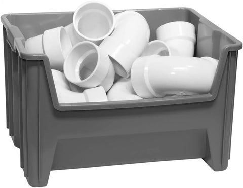 Heavy Duty Stackable Storage Bins For Garage And Closet Organization Open Front Plastic Organizer For Tools And Shelves 15 By 20 By 12 And A Half Inches Gray 3 Pack containing white PVC pipe fittings
