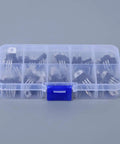 Killer NPN PNP Transistor And Voltage Regulator Assortment Kit With 50 Durable Components In A Tidy Case showing organized electronic parts.