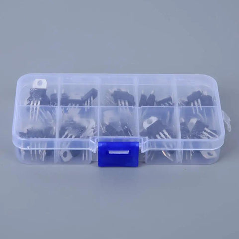 Killer NPN PNP Transistor And Voltage Regulator Assortment Kit With 50 Durable Components In A Tidy Case showing organized electronic parts.