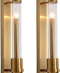 Top Shelf Modern Gold Glass Wall Sconces, Straight Up Classy Long Tube Light Fixtures For Bedroom Bathroom Living Room And Hallway, Dope Indoor Wall Mount Lamps Bundle, gold glass tube lamps mounted on wall.
