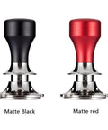 Top Tier 51mm Stainless Steel Coffee Tamper With Adjustable Calibration And Anti Deviation Base: matte black and red colors.