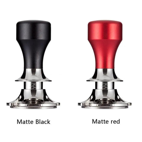 Top Tier 51mm Stainless Steel Coffee Tamper With Adjustable Calibration And Anti Deviation Base: matte black and red colors.