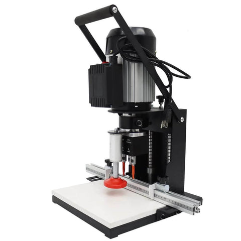WYDDDARY hinge drilling and boring machine on compact benchtop with black metal frame and silver guide rail