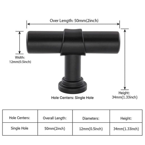 10 Pack Black Cabinet Knobs With Single Hole T Bar Pulls, 2 Inch Overall Length, 34mm Height, 12mm Diameter