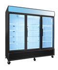Rock Solid 70 Cu Ft Commercial Glass Door Freezer, Swing Front Retail Merchandiser with bright LED panel and triple glazed glass.
