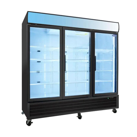 Rock Solid 70 Cu Ft Commercial Glass Door Freezer, Swing Front Retail Merchandiser with bright LED panel and triple glazed glass.