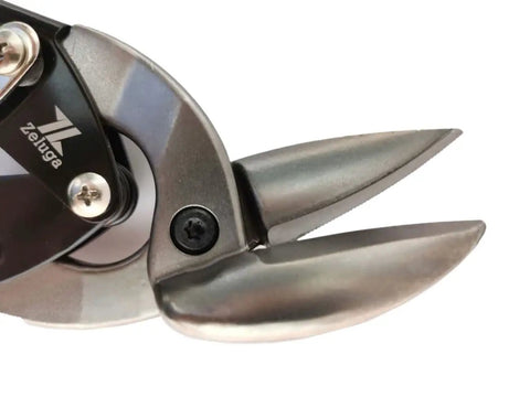Close-up of Heavy Duty Left And Right Aviation Snips Combo Pack for sheet metal cutting, showing pinch thru point design and blade angle.