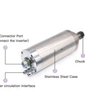 Heavy Duty 5.5 KW Water Cooled CNC Spindle Motor With Slick Rotary Inverter And ER25 Collet close-up showing stainless steel case and connector port.