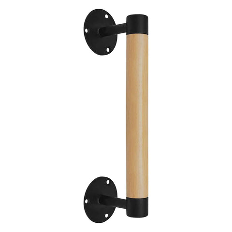 Wall Mount Premium Wooden Handrail For Indoor Stairs Built Tough With Heavy Duty Steel Brackets And Smooth Beech Wood Grip mounted to wall.