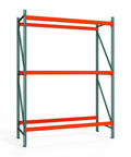 Heavy Duty 3 Tier Pallet Rack Starter Unit Rock Solid Steel Shelving Built Tough For Warehouse Storage 48 By 120 By 144 Inches with orange shelves.