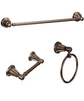 Bronze bathroom hardware set with towel bar, ring, and toilet paper holder