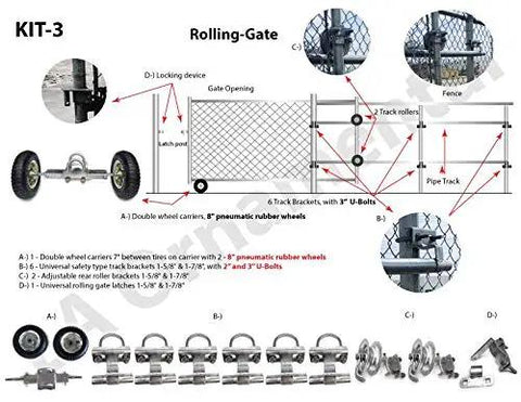 Heavy Duty Chain Link Rolling Gate Hardware Kit With Smooth Pneumatic Rubber Wheels Six Universal Track Brackets And Easy Install Roll Latch For A Kickass Fence Setup That Rolls Like Butter with detailed components.