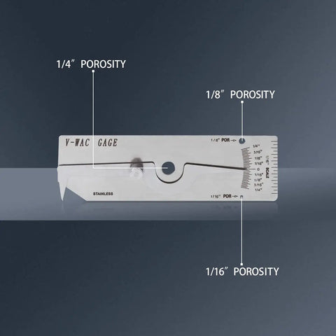 VWAC Undercut Gauge For Welders Stainless Steel Inspection Tool Reads Bead Undercuts Pit Depth Misalignment And Porosity Size In Inches Zero To One Quarter Inch Increments Per Inch Porosity Check, stainless gauge with 1/16, 1/8, 1/4 porosity marks