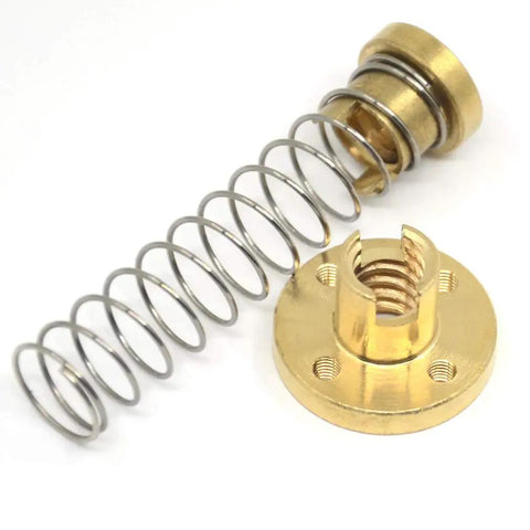 T8 Anti Backlash Spring Loaded Nuts Set Of 2 With Four M3 Holes for Acme Tr8x2 Lead Screw showing spring and brass components