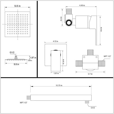 Technical diagram of Lux Rainfall Shower System With 10 Inch Square Shower Head Brushed Nickel Finish Single Handle Valve Included