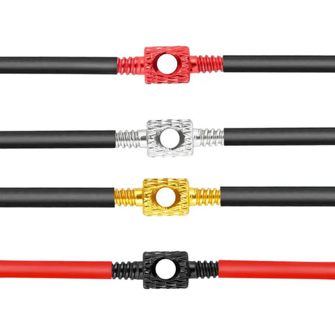 Colorful Bike Brake And Shift Cable Connectors Kit, 20 Pcs, 4 Color Set, red, silver, gold, black connectors with cables shown