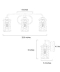 Diagram of Soft Gold Three Light Vanity Fixture With Seeded Glass Shades For Bathroom Over Mirror, 22.5 x 5.5 x 9 inches.