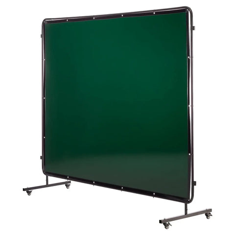 Six By Eight Foot 3-Panel Welding Screen With Frame, Flame-Resistant Vinyl Safety Curtain, 6-Level UV Protection, 12 Wheels, Dark Green