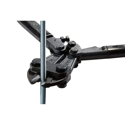 Close-up of Beefy 14 Inch Bolt Cutter With Heavy Duty Forged T8 Steel Blades cutting metal rod, ergonomic rubber grip visible.