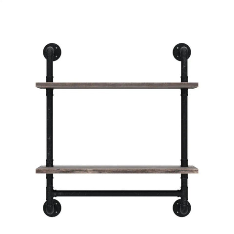Industrial Pipe Shelf With Towel Bar Rustic Wall Mount 2 Tier Wood Shelves For Bathroom Or Outdoor 24 Inch Long Iron Pipe Storage Rack Vintage Charm Heavy Duty Easy Mounting
