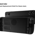 Premium Beefed Up Replacement Back Plate Shell Cover For Steam Deck And Steam Deck OLED Handheld Console DIY Housing Case Bottom Panel With Cooling Vent Heat Dissipation Black shown in black color.