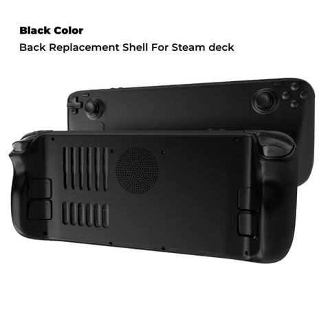 Premium Beefed Up Replacement Back Plate Shell Cover For Steam Deck And Steam Deck OLED Handheld Console DIY Housing Case Bottom Panel With Cooling Vent Heat Dissipation Black shown in black color.