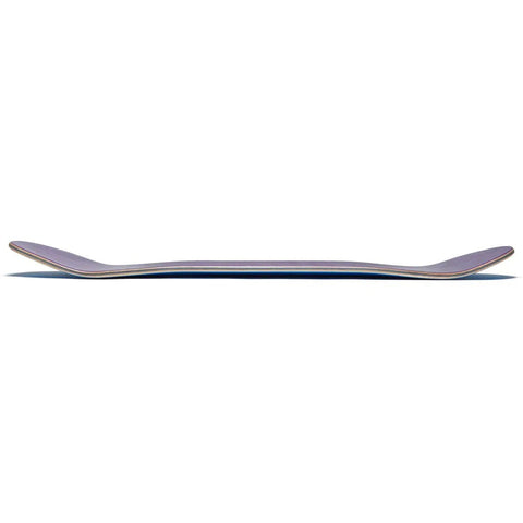 Side profile of a blue 8-inch skateboard deck with 7-ply Canadian maple, highlighting pro grade construction and street-ready design.