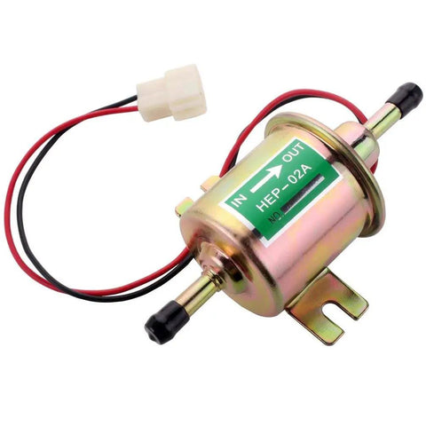 12V Electric Fuel Pump Kit Universal For Carburetor Engines 2.5 to 4 PSI with visible wiring and connectors, focusing on pump features.