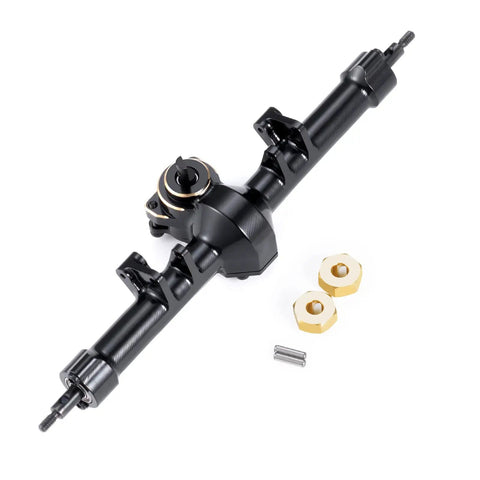 Metal Front And Rear Axle Set Upgrade for SCX24 RC Crawlers, showing durable black metal construction with brass components
