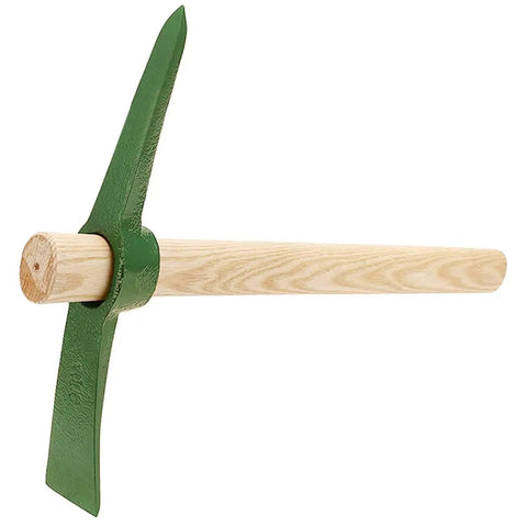 Durable Steel Garden Pickaxe Handle Handheld Tool For Soil Digging Weeding Root Removal And Transplanting In Vegetable Gardens And Outdoor Farming Projects For Quick Yard Work Get It Done Fast, featuring a green steel head and wooden handle