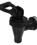 Heavy Duty Black Plastic Cooler Faucet And Reusable Spigot Tap With Leak Proof Seal For Water Buckets Party Coolers Beverage Dispenser. Close-up view.