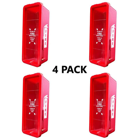 Four Pack Red Weatherproof Plastic Fire Extinguisher Cabinet For Twenty Pound Tanks Indoor Outdoor Setup showcasing multiple angles.