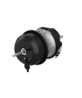 Profleet double-diaphragm spring brake chamber; angled front view, black front, metallic body, extended push rod